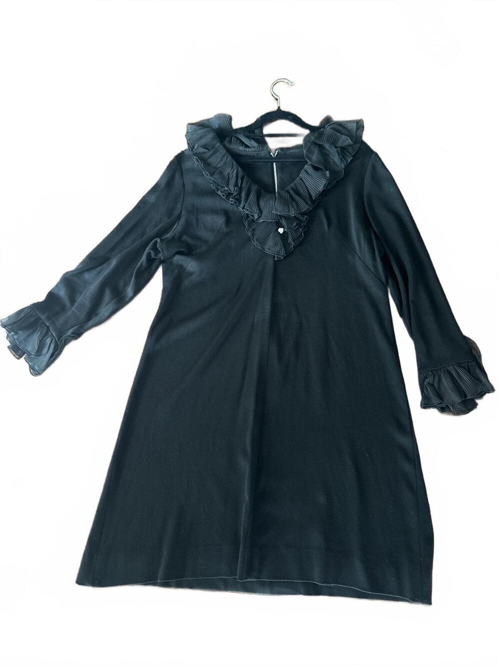 Vintage Black Long Sleeve Dress with Ruffled Collar and Sleeves